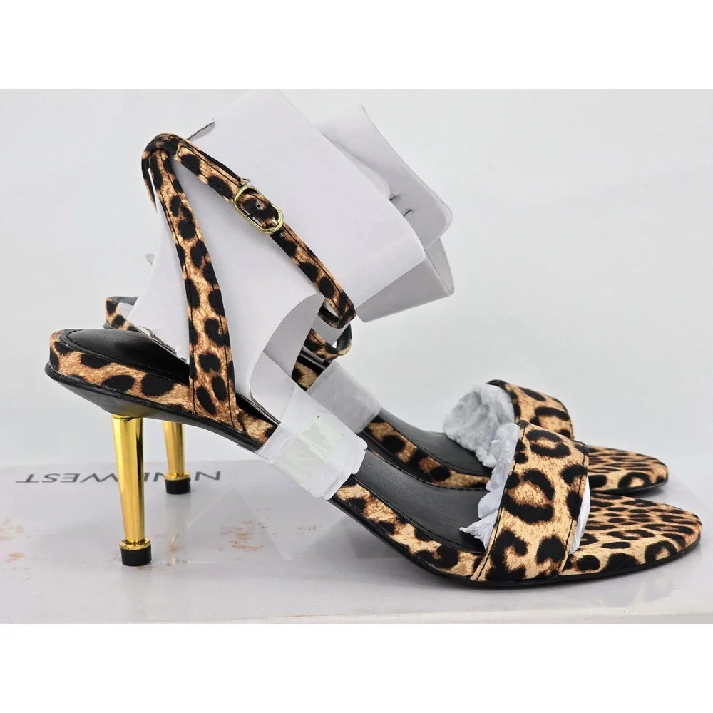 Nine West Anny2 Sandals Womens Size 5M Dark Natural Leopard Print Gold Heel -New